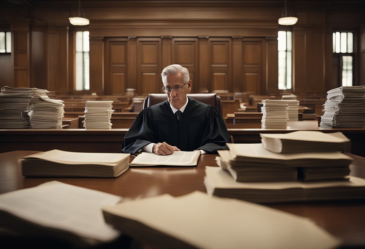 A defendant sits alone at a courtroom table, surrounded by stacks of legal documents. The judge and jury loom overhead, casting judgment