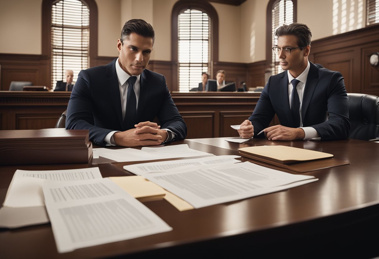 A defendant sits at a table, surrounded by legal documents and a courtroom setting, while a lawyer stands beside them, providing legal representation