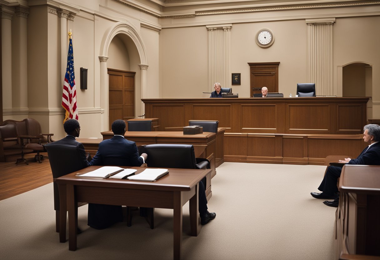 A courtroom with a judge, defense attorney, and prosecutor facing each other, with a defendant sitting at a table, emphasizing the importance of legal representation in criminal cases