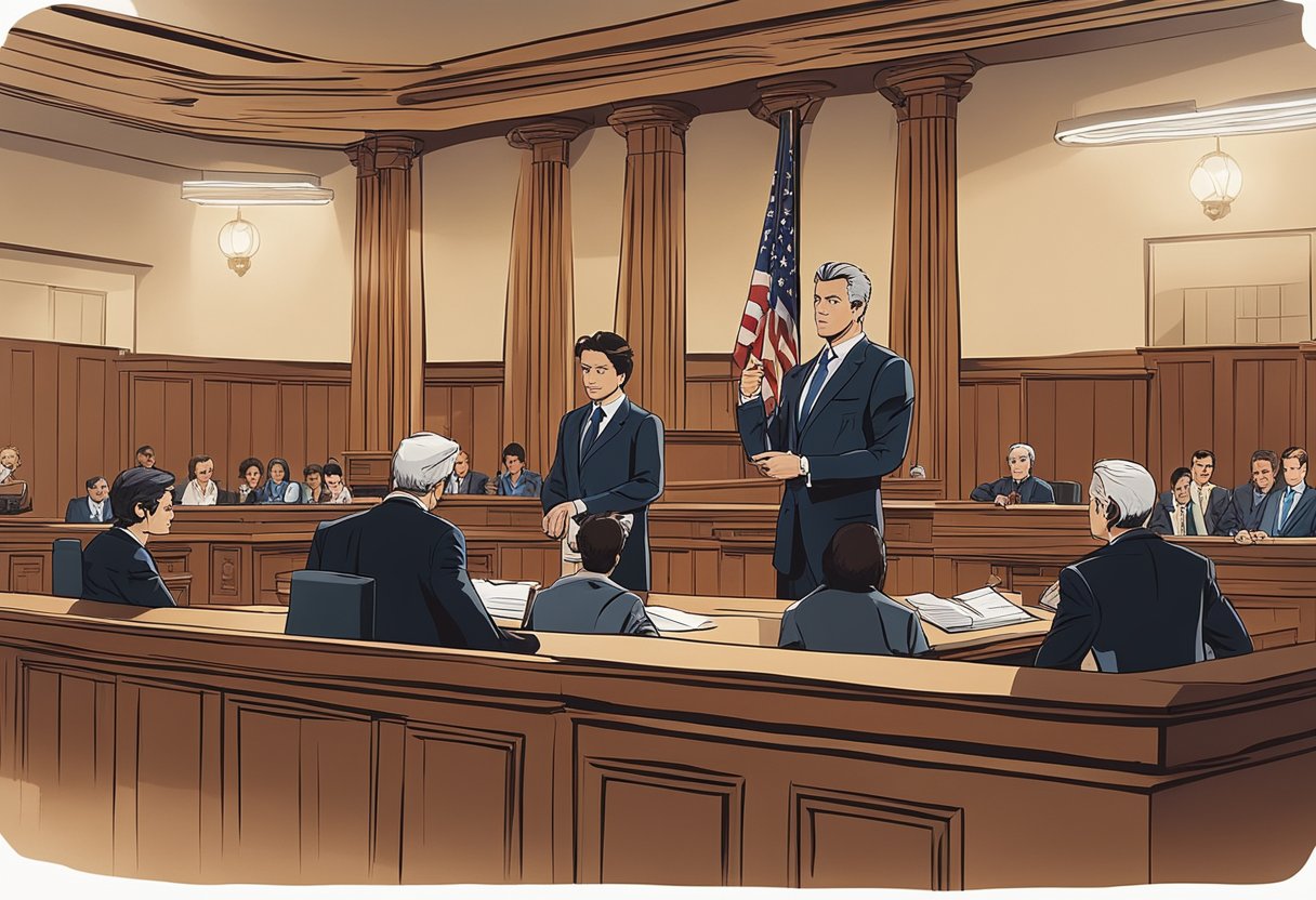 A courtroom scene with a lawyer presenting evidence to a judge and jury, emphasizing the importance of legal representation in criminal cases