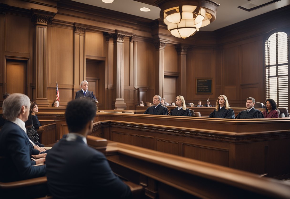 A courtroom with a defense attorney standing before a judge and jury, presenting a compelling argument for their client's legal representation in a criminal case