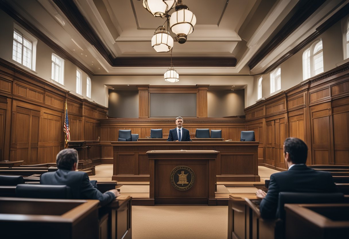 A courtroom scene with a lawyer standing confidently before a judge, presenting evidence and arguments in a criminal case