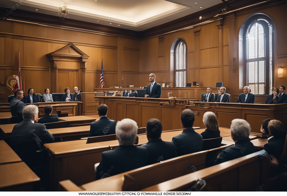 A courtroom with a lawyer standing confidently before a judge and jury, while onlookers watch intently, highlighting the importance of legal representation in criminal cases