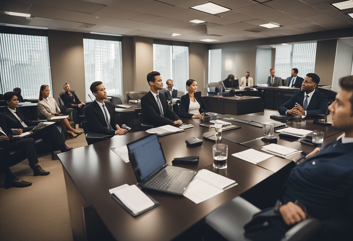 A group of defense attorneys engaged in a professional development seminar, discussing the importance of legal representation in criminal cases