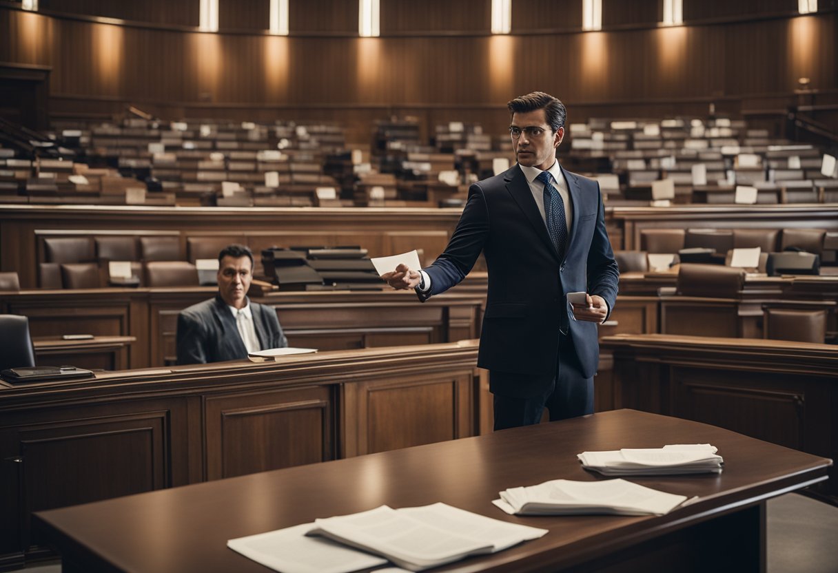 A lawyer standing confidently in a courtroom, surrounded by legal documents and evidence, while addressing the jury and passionately advocating for their client's rights