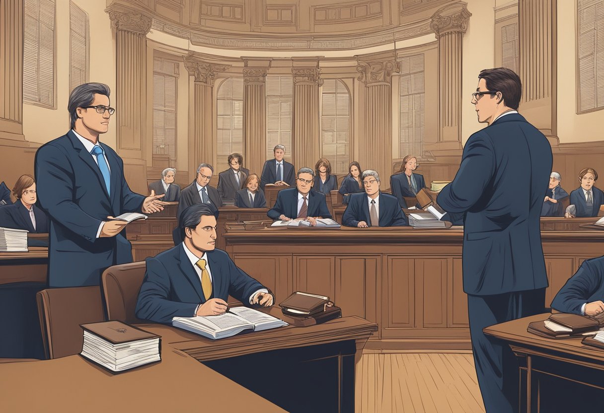 Lawyers engaging in debate, surrounded by legal texts and symbols of justice, in a courtroom or law office setting