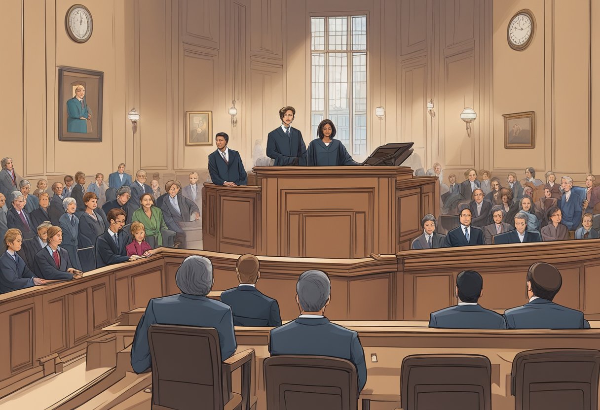 A courtroom with a judge presiding over a trial, lawyers presenting arguments, and a diverse group of people observing the proceedings