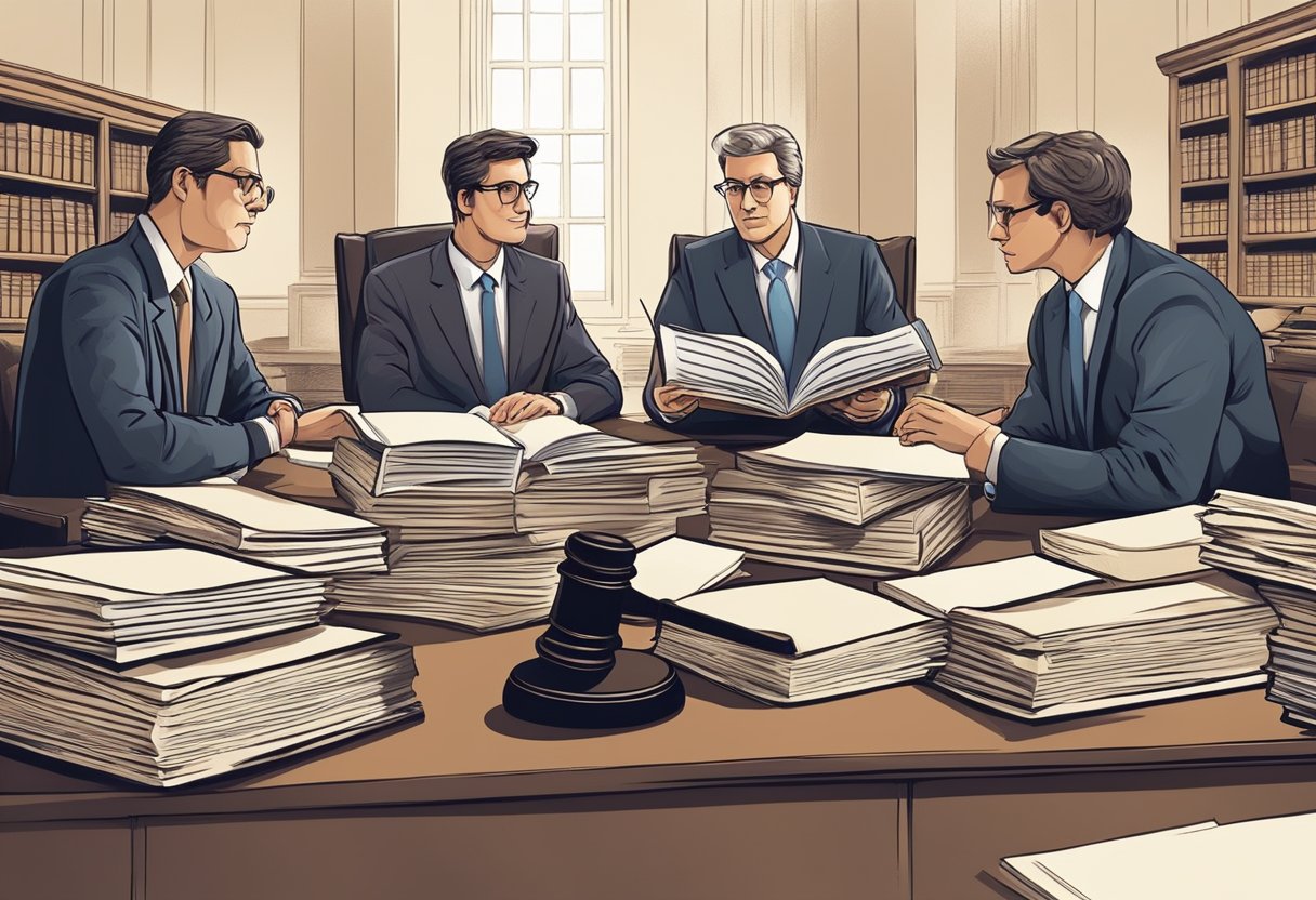 A group of lawyers discussing and drafting legislation, surrounded by law books and legal documents. Their focus is on shaping society and justice