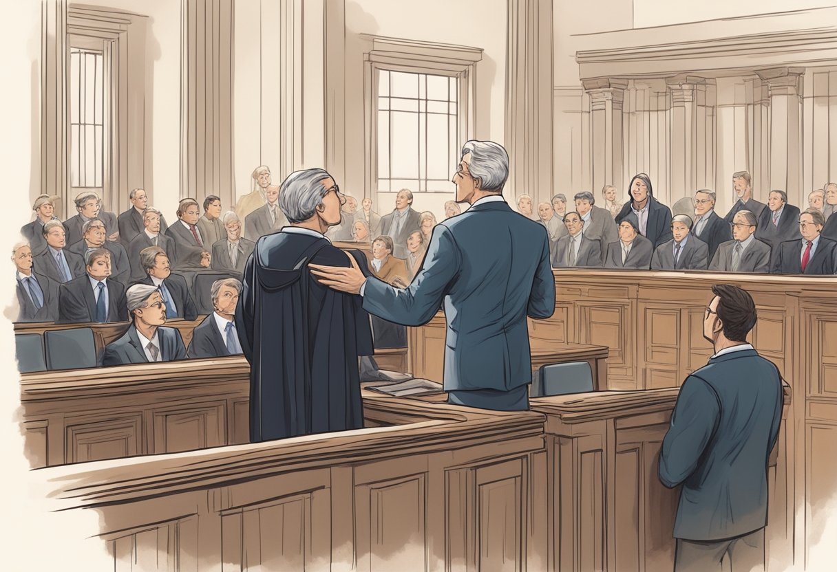 A lawyer standing in a courtroom, passionately advocating for their client's rights, while the judge and jury listen intently