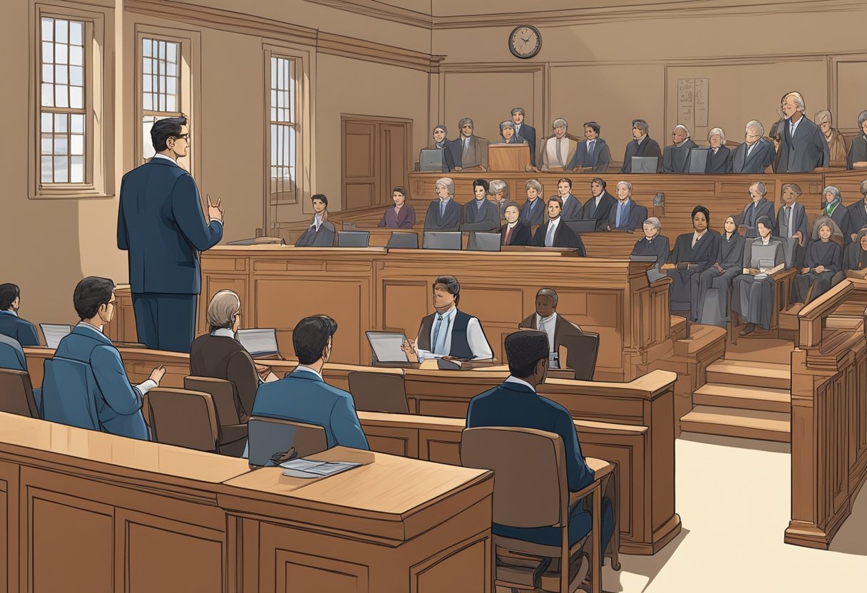 A courtroom with a lawyer presenting a case, while others listen attentively. The scales of justice are prominently displayed, symbolizing fairness and equality