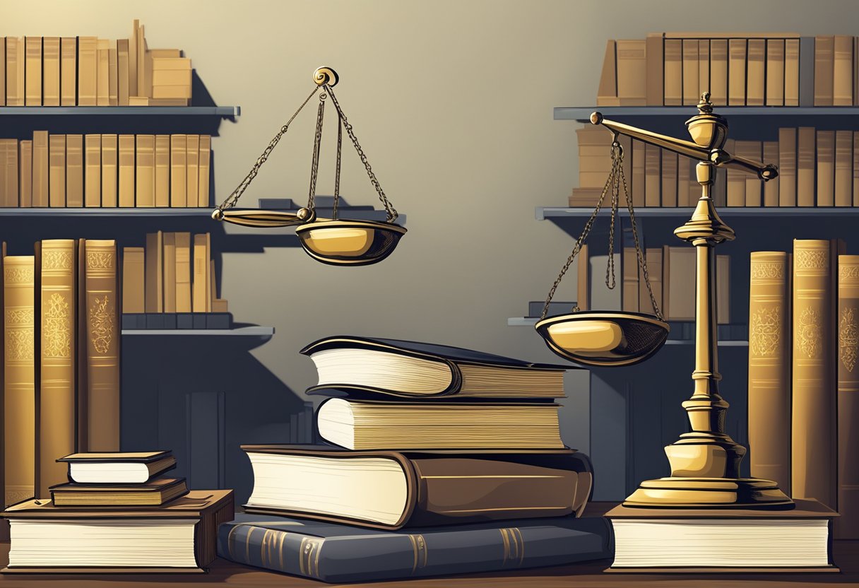 Law books stacked on a desk, a gavel, and a scale of justice symbolize the role of lawyers in shaping society and justice