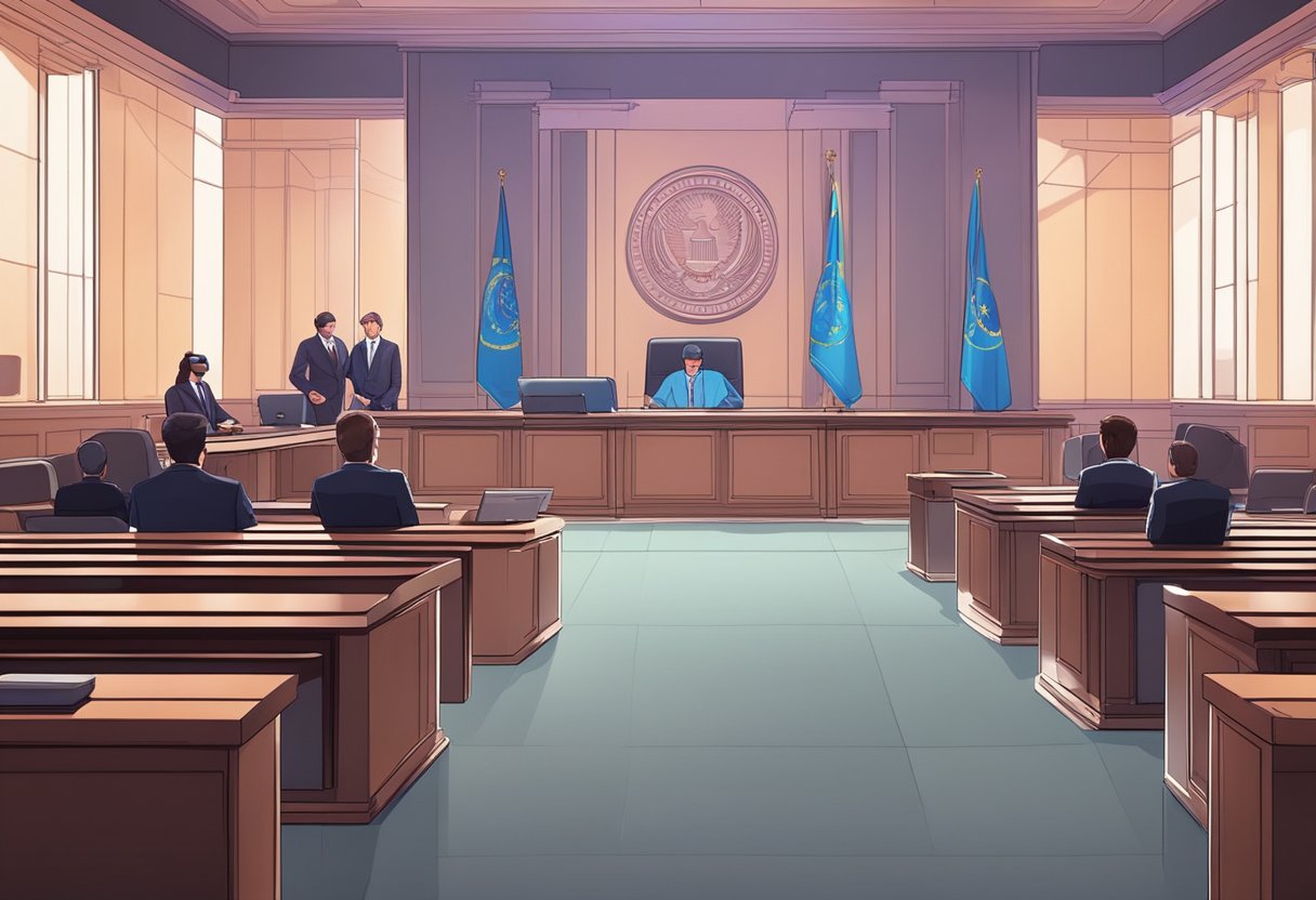 A futuristic courtroom with holographic evidence displays and AI judges. Lawyers use virtual reality to present cases and communicate with clients