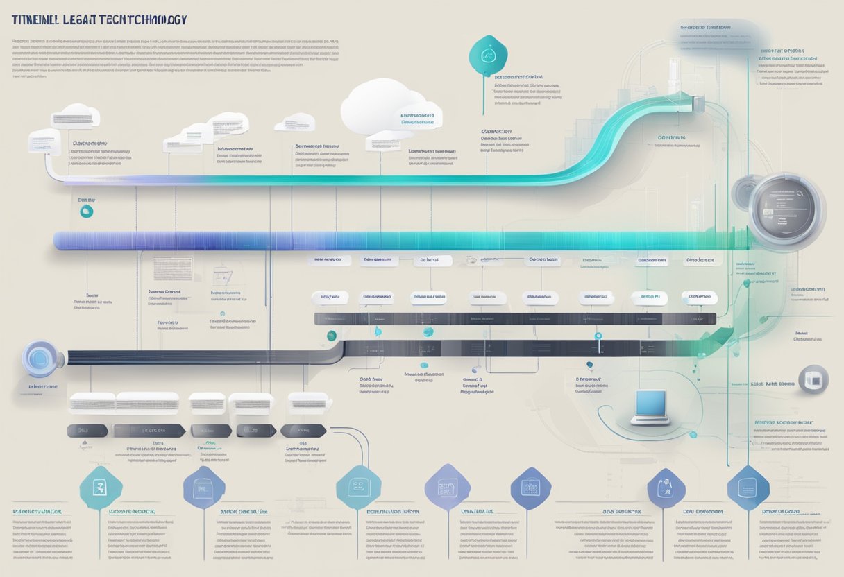 A timeline of legal technology from quill pens to AI. Digital databases, virtual courtrooms, and automated document generation