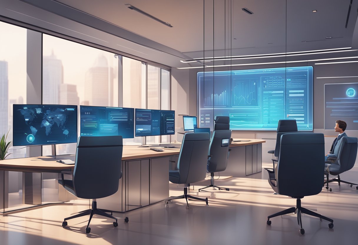 A modern law office with digital screens, AI chatbots, and virtual meeting rooms. Legal professionals use advanced software for research and case management