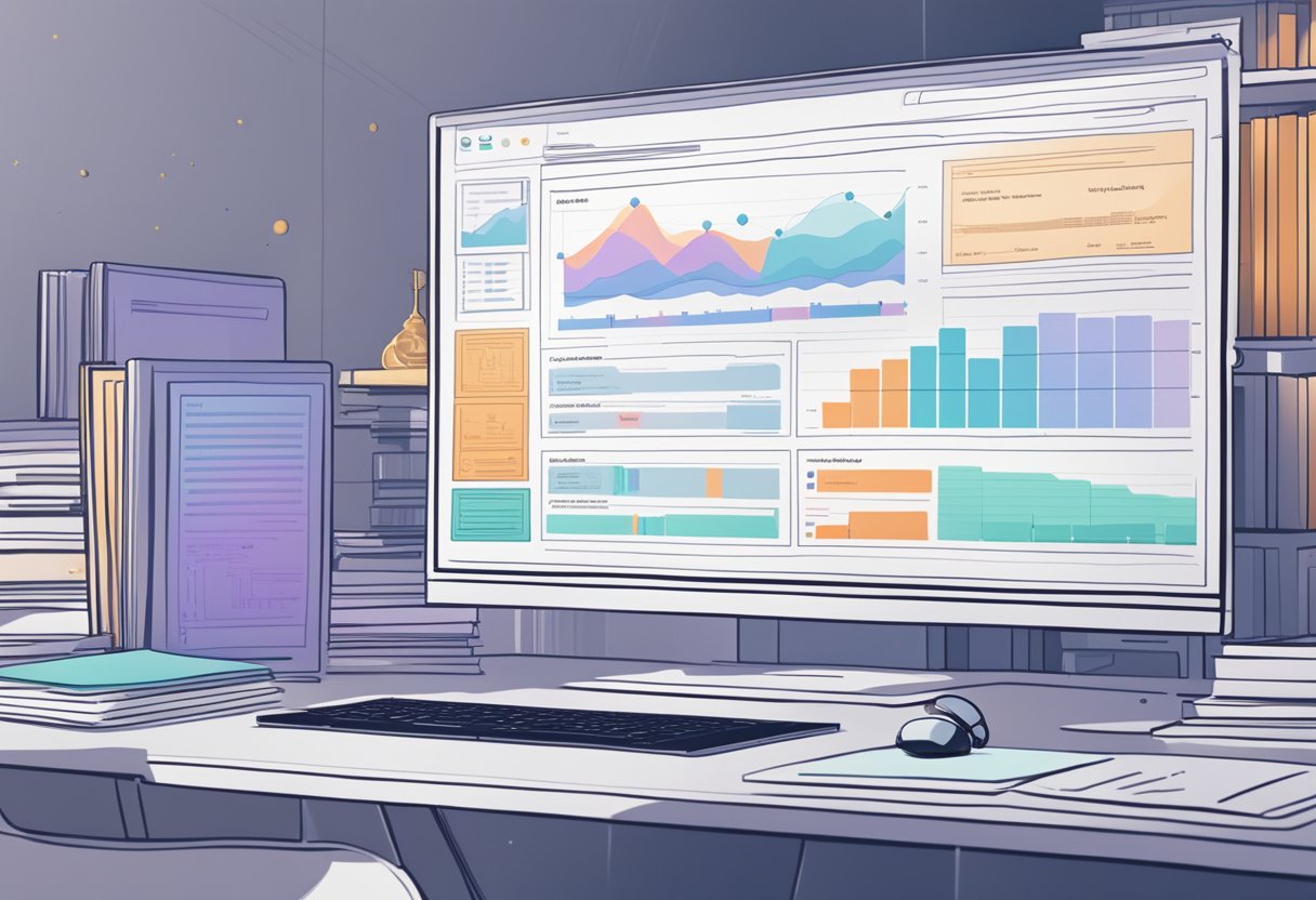 A computer screen displaying legal research results, with AI algorithms processing data and generating insights for the future of law