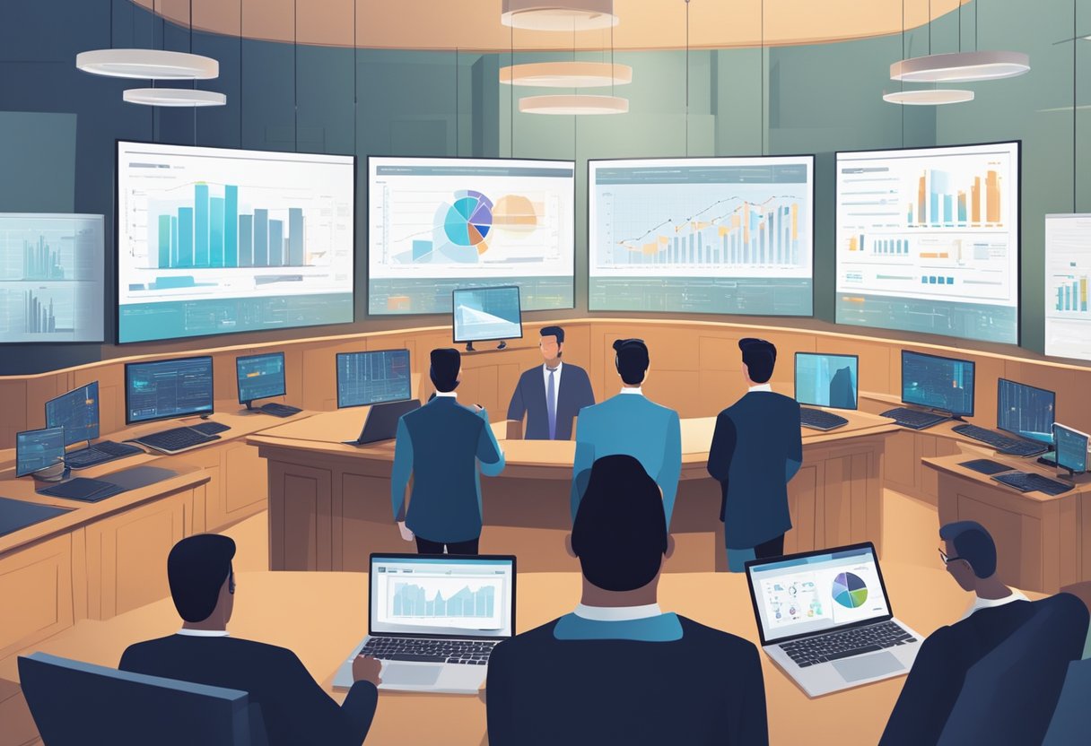 A courtroom with digital screens displaying data charts and graphs. Lawyers and judges using tablets and laptops to analyze predictive analytics for litigation cases