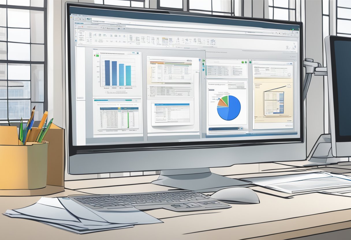 A computer screen displays a document being drafted and reviewed with the assistance of automation software. Multiple tabs and windows show the integration of technology in the legal profession