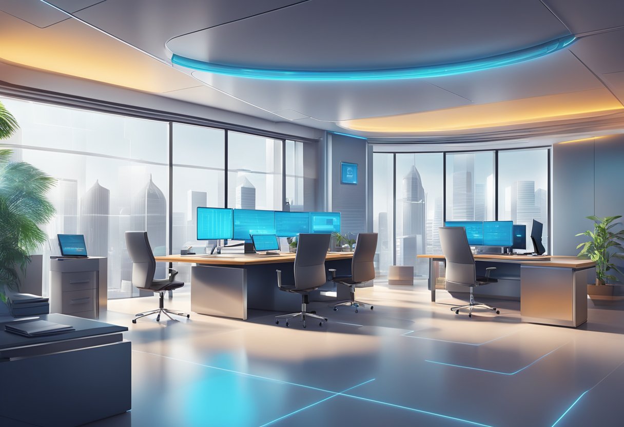 A futuristic law firm office with digital security measures and data privacy protocols in place, showcasing the integration of technology in the legal profession