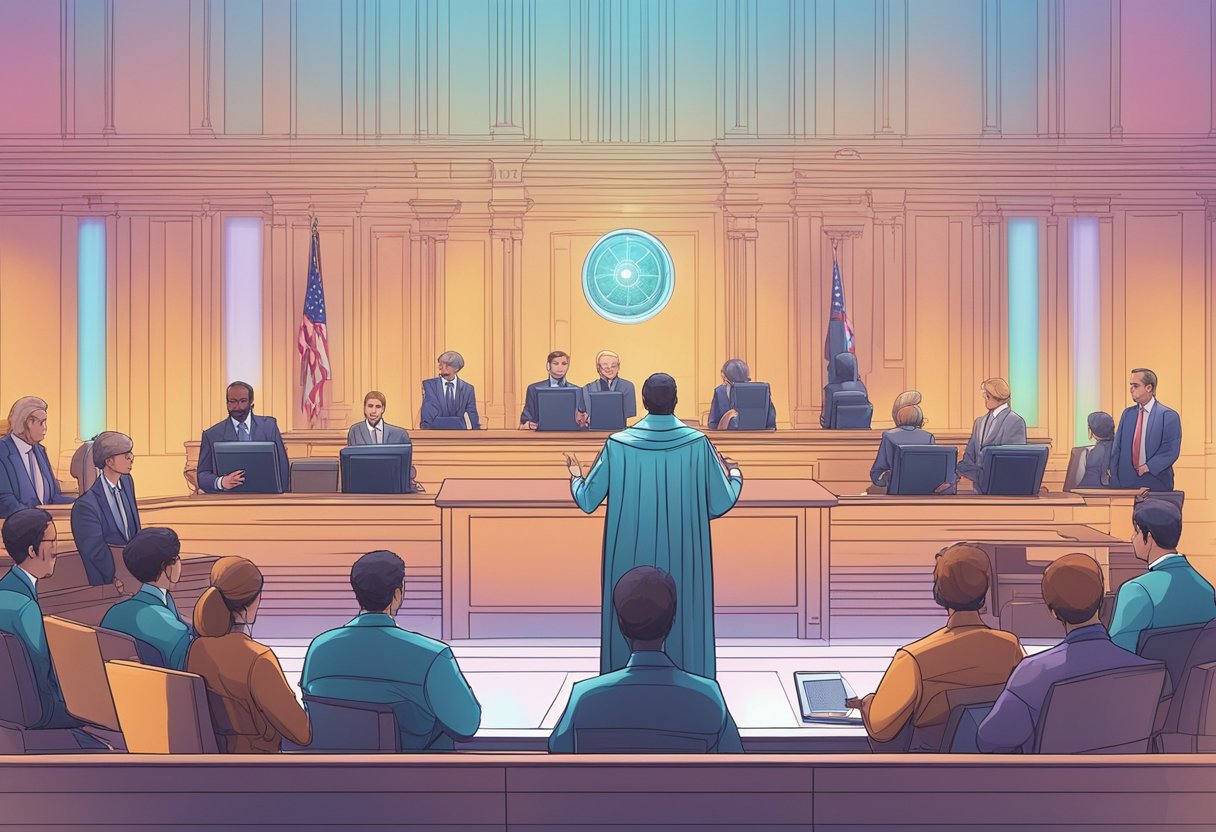 A futuristic courtroom with holographic evidence displays and AI judges, surrounded by legal professionals utilizing advanced tech tools