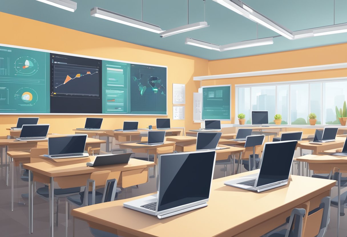 A modern classroom with digital screens, laptops, and interactive tools. Legal textbooks and technology resources are scattered on desks