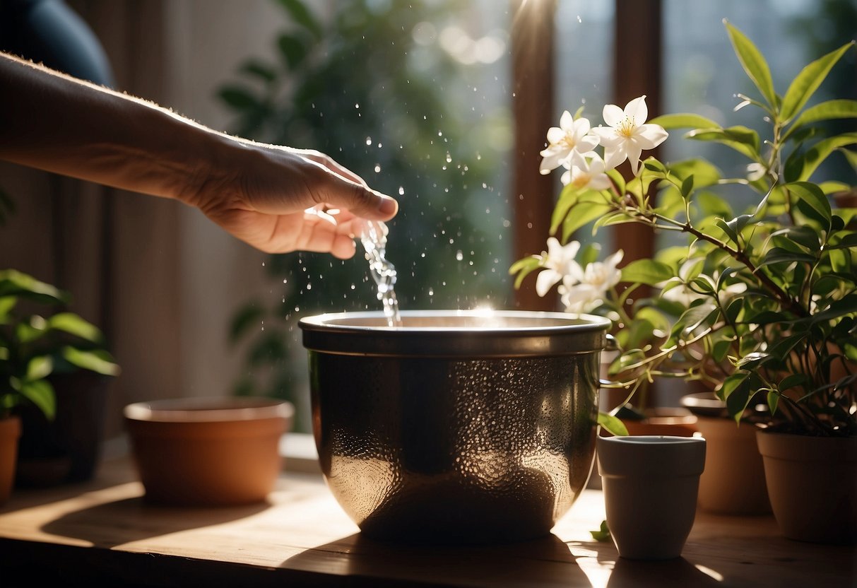 A hand pours water into a pot of jasmine. Sunlight streams in through a nearby window. A bag of fertilizer sits nearby