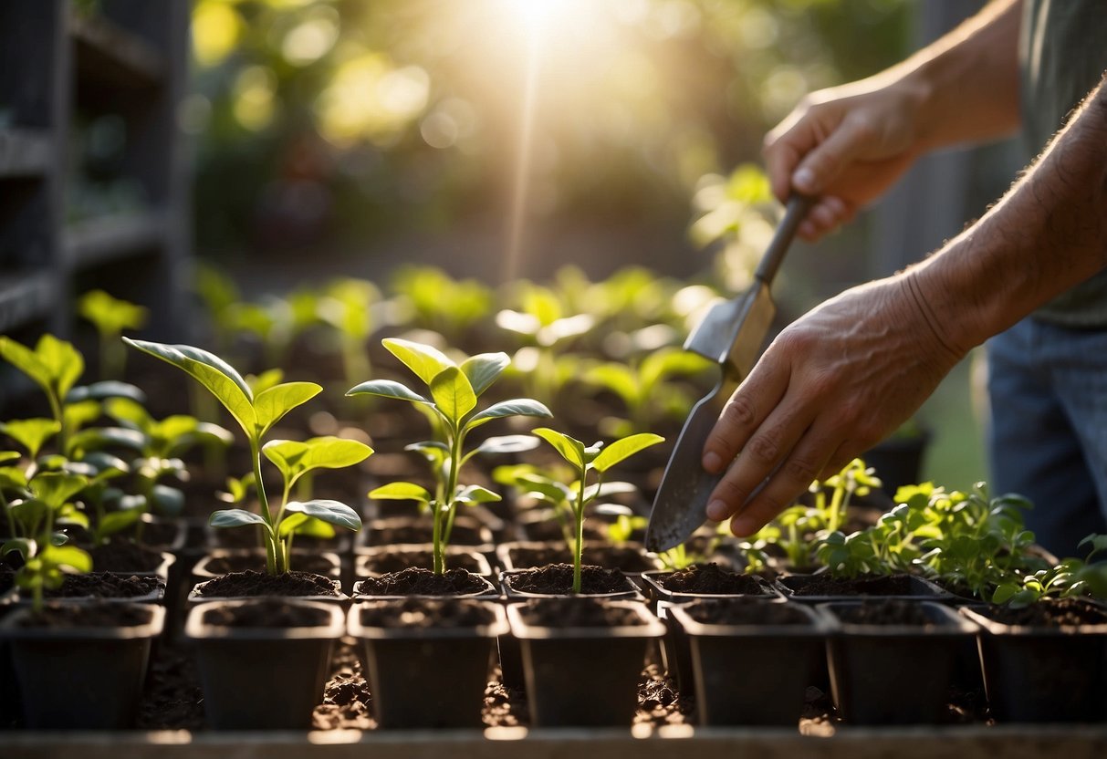 Sunlight filters through the leaves as a hand reaches for a trowel in a neatly organized gardening shed. Rows of seedlings wait in small pots, ready to be planted in the rich, dark soil of the garden beds