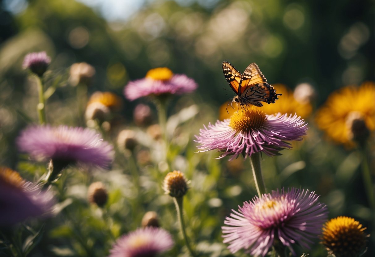 A vibrant garden of native plants buzzing with bees and butterflies. The flowers are in full bloom, attracting and supporting pollinator populations
