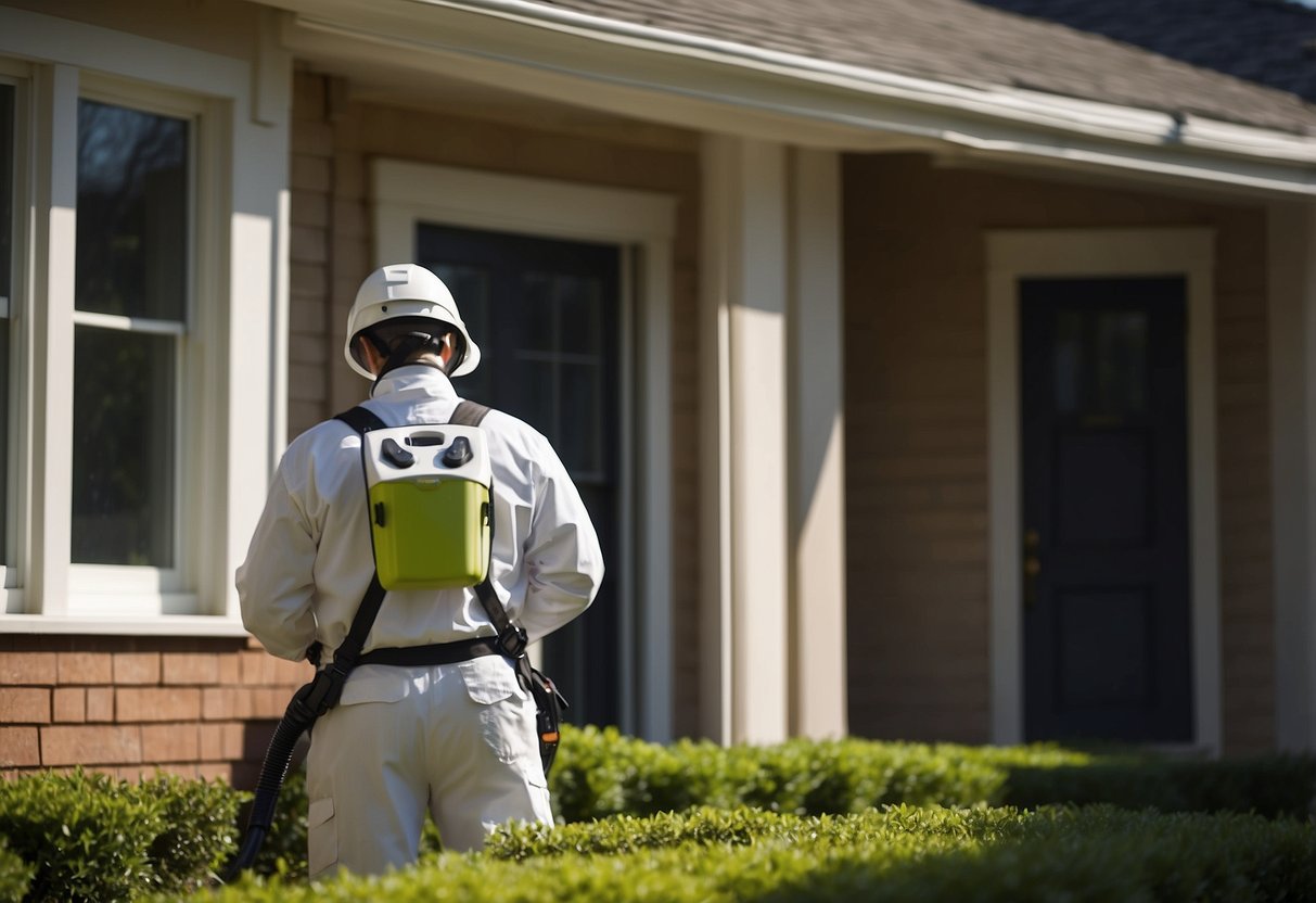 Pest control being performed on a house exterior, with a technician spraying around windows and doors