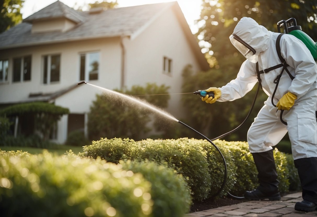 A pest control technician spraying pesticide around a home's perimeter