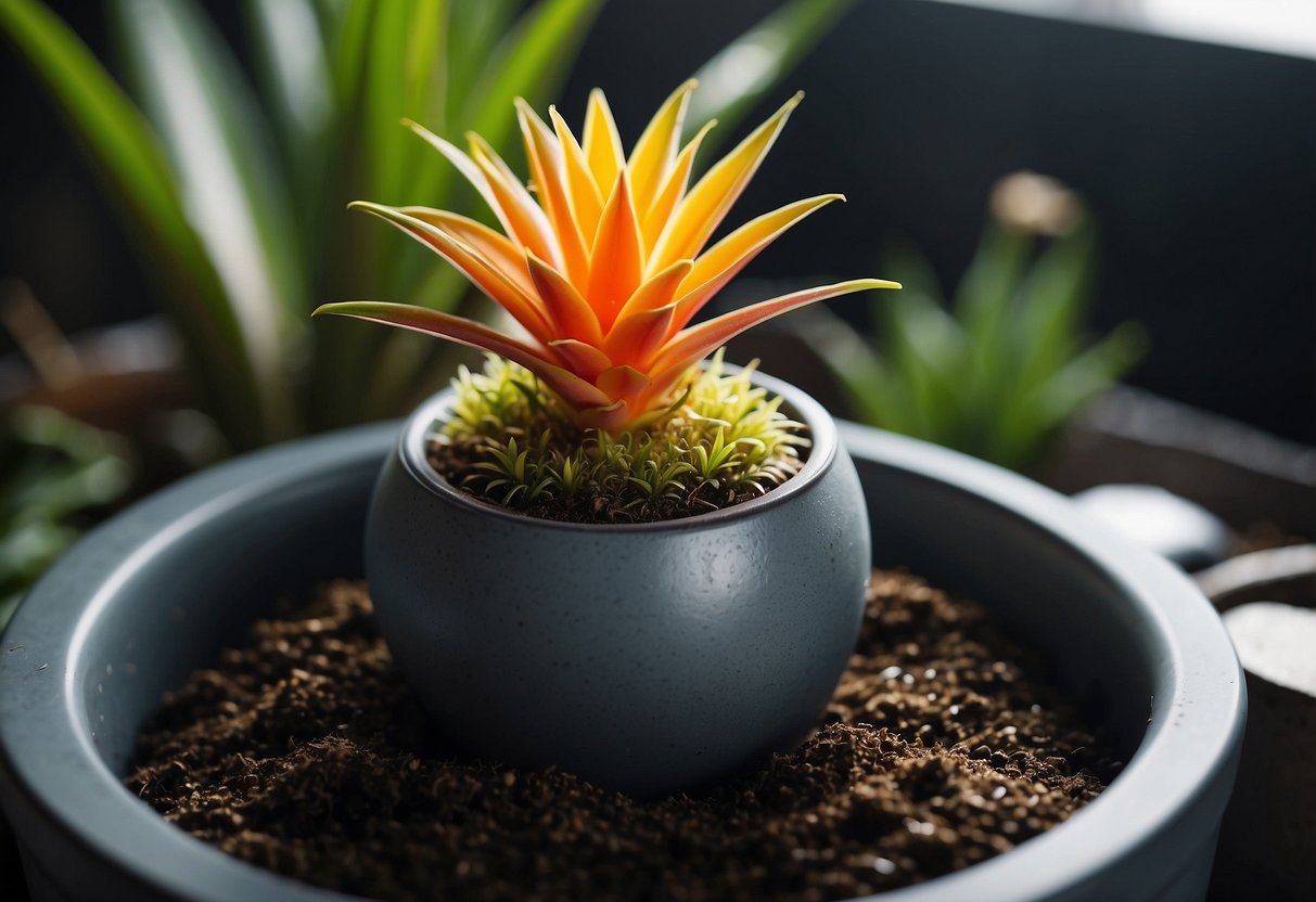 A bromeliad plant sits in a well-draining pot with bright, indirect light. Its central cup is filled with water, and the surrounding soil is kept consistently moist. Fertilize every 2-3 months