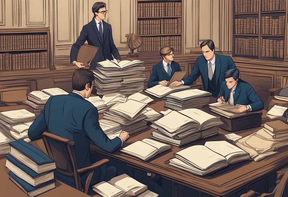 A group of lawyers working on legal cases for free, surrounded by law books and documents, symbolizing the historical context and importance of pro bono work in the legal community