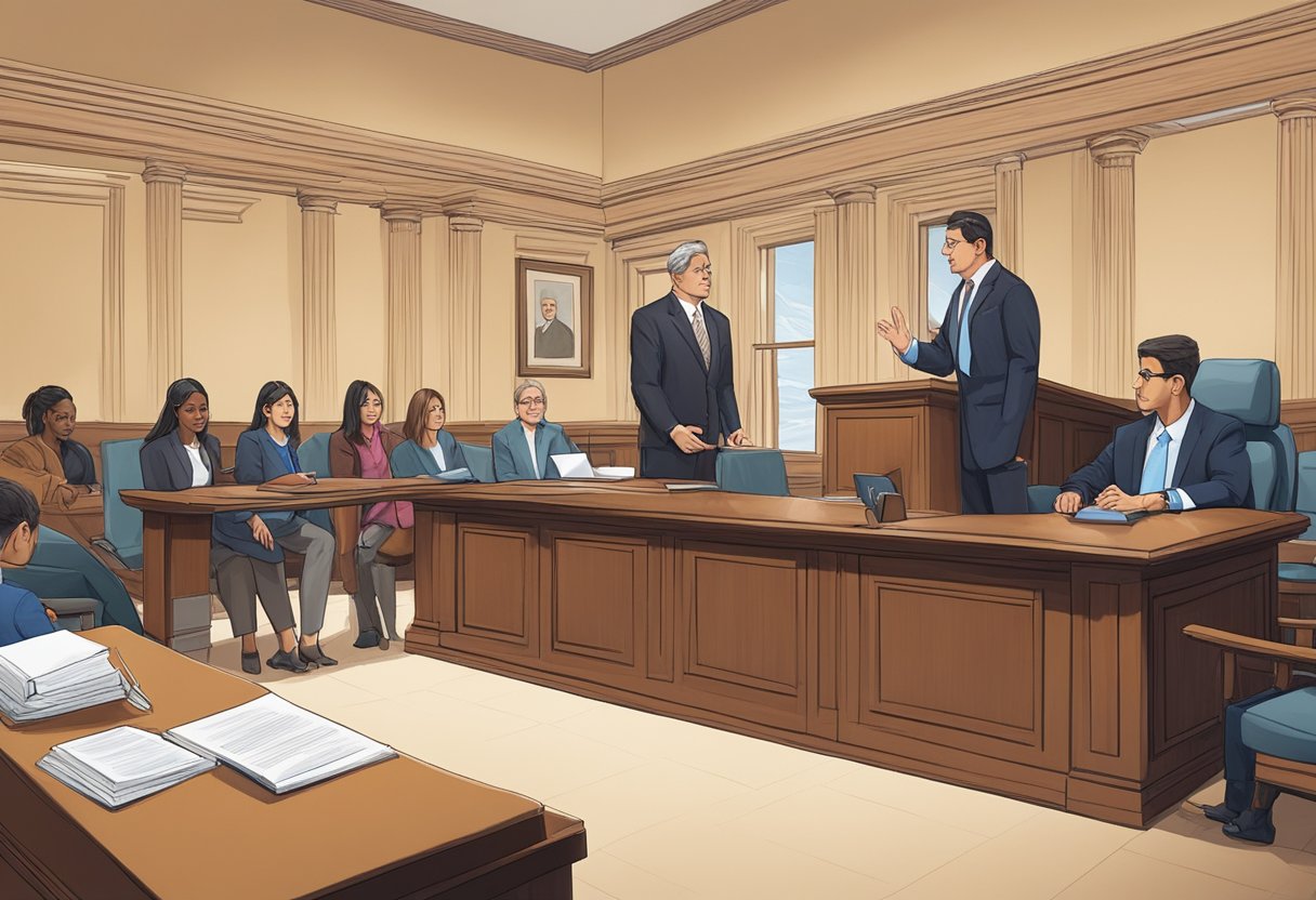 A courtroom scene with a lawyer providing pro bono legal services to an underprivileged client, showcasing the impact of pro bono work on access to justice