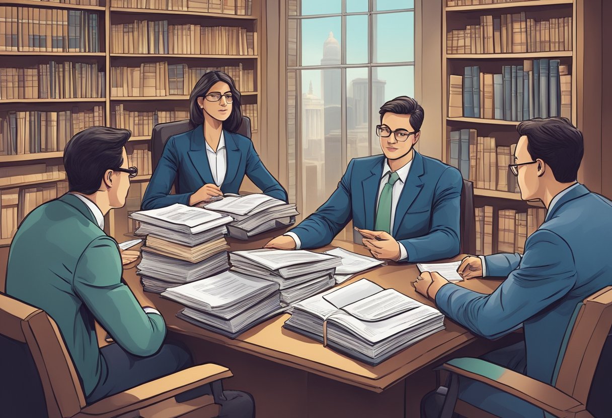 A group of legal professionals discussing pro bono work, surrounded by law books and documents. The atmosphere is professional and focused, with a sense of dedication and commitment to serving the community