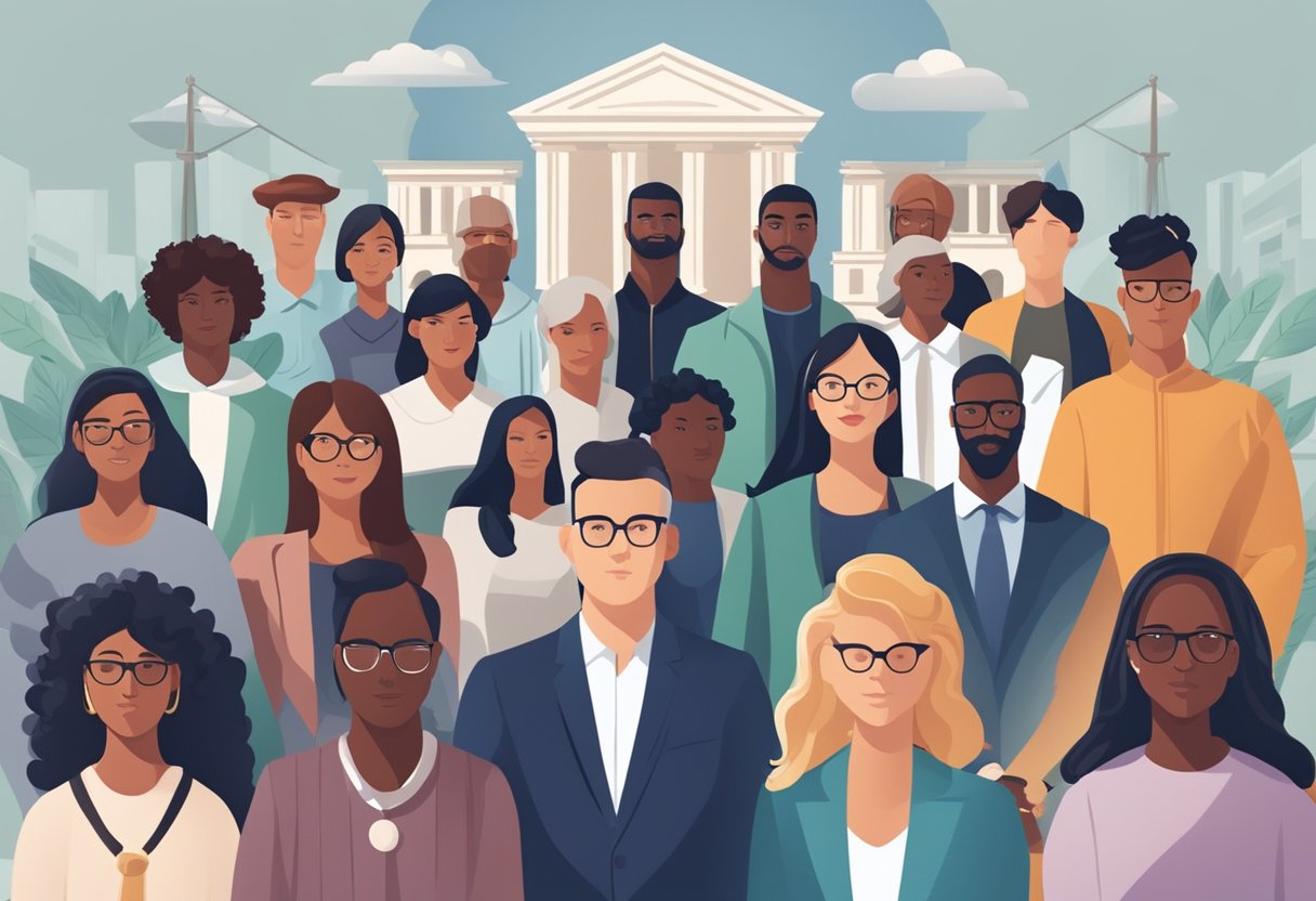 A diverse group of individuals seeking legal aid, surrounded by symbols of justice and equality, with a focus on access and support