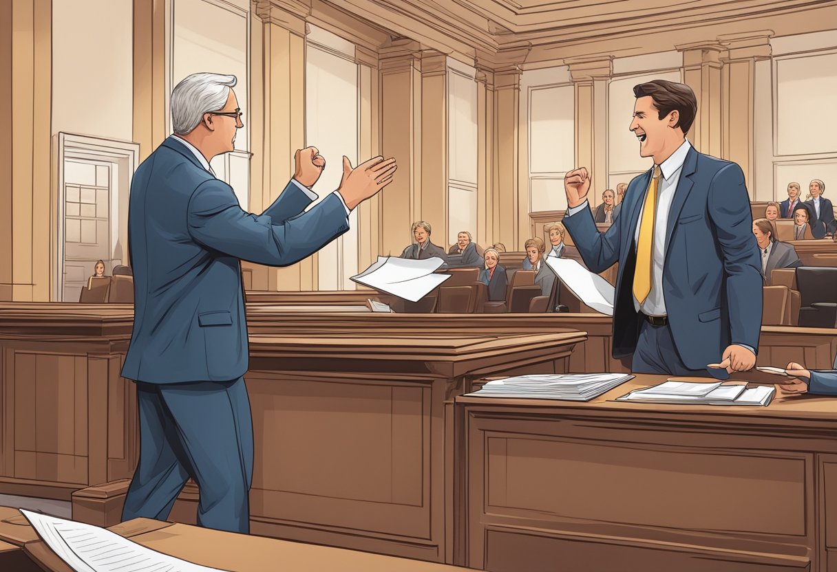 A courtroom scene with a lawyer and client celebrating a legal victory. Documents and evidence are displayed, symbolizing successful legal aid outcomes