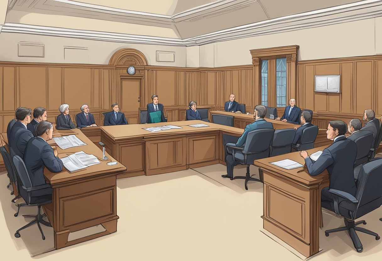 A courtroom with two opposing parties sitting at a table, a mediator facilitating discussion, and a sense of resolution and understanding in the air