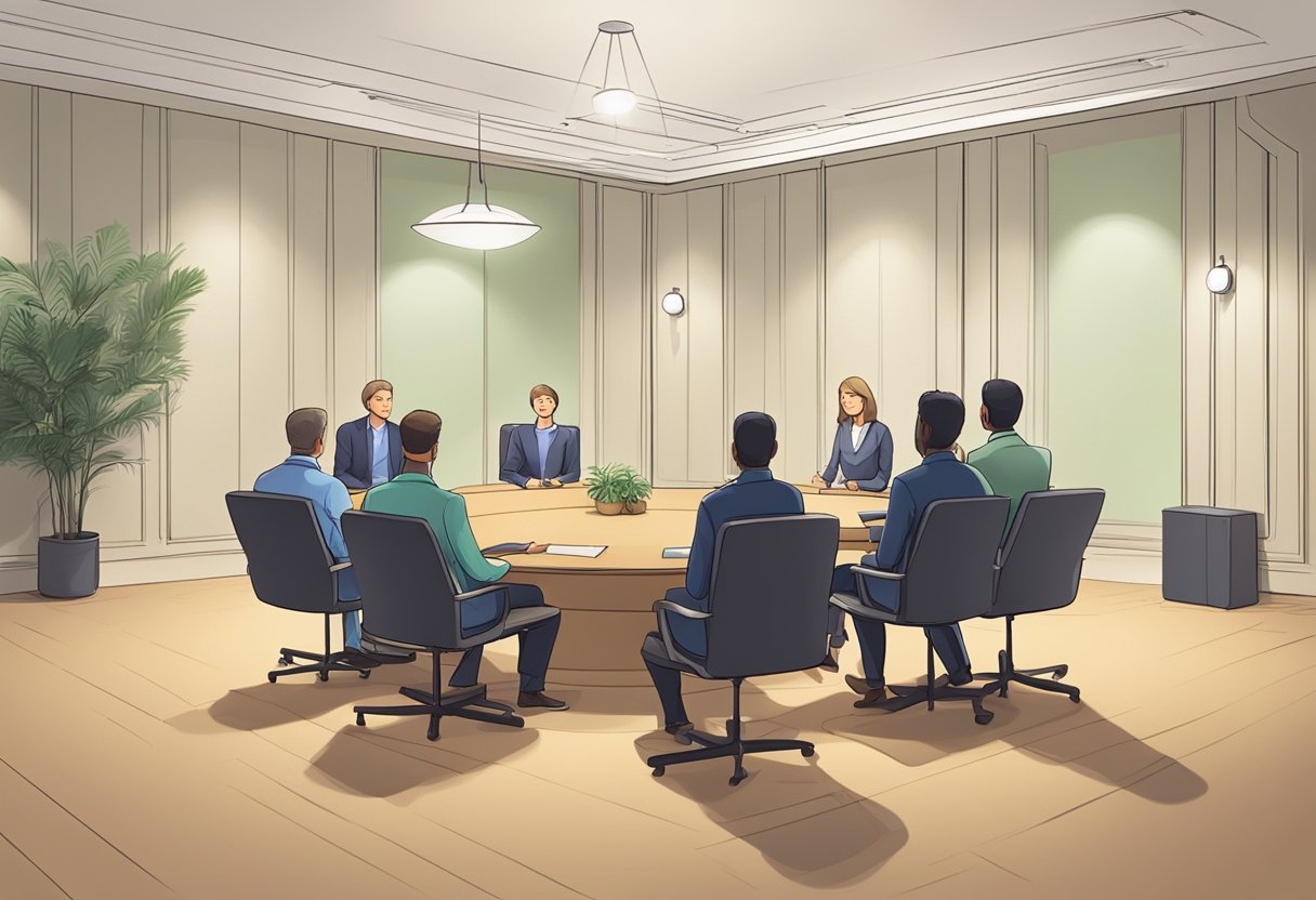 A peaceful mediation room with two parties sitting across from each other, a mediator facilitating the discussion, and a calm and professional atmosphere