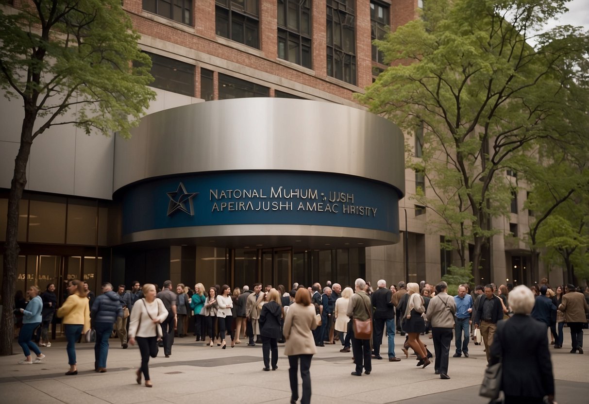 The National Museum of American Jewish History sign hangs above a bustling entrance, surrounded by a diverse group of visitors