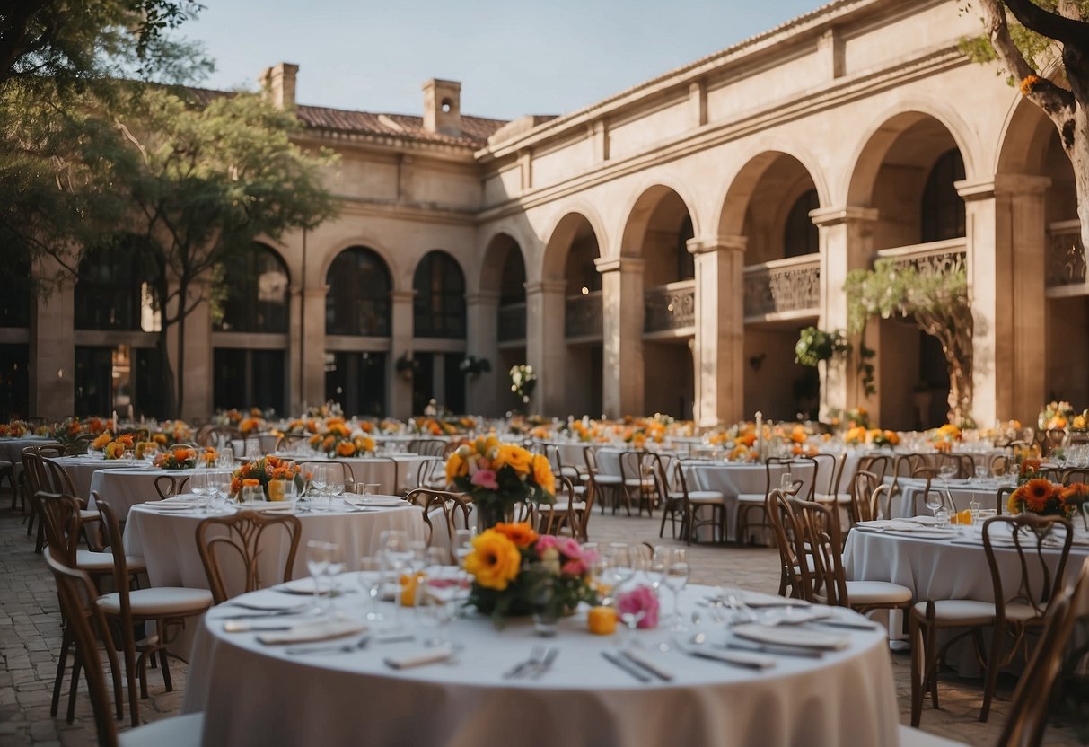 The bustling museum courtyard is filled with vibrant event rentals, from elegant tables and chairs to colorful linens and festive decorations