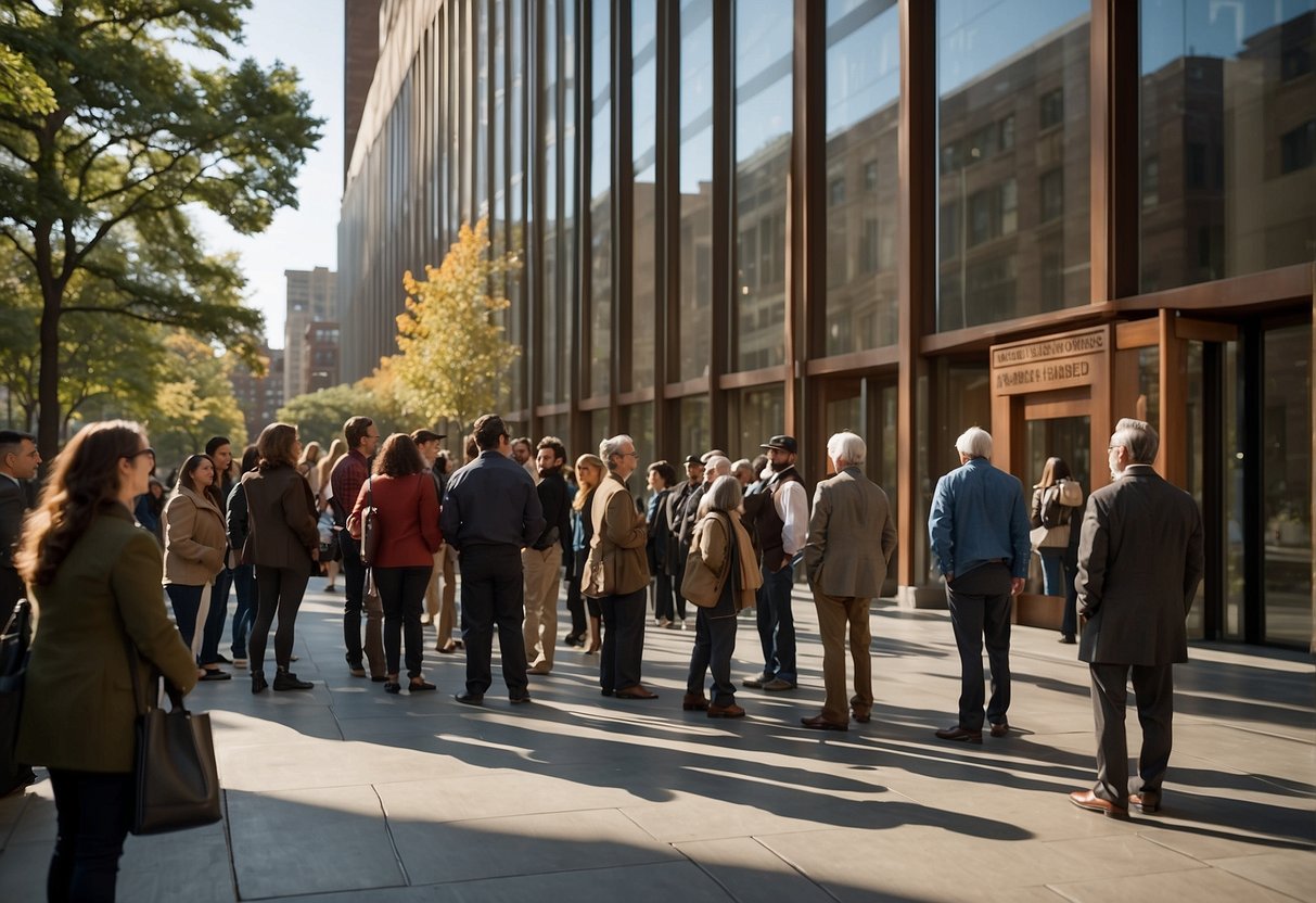 Visitors line up outside the National Museum of American Jewish History, reading a sign with "Frequently Asked Questions" displayed prominently