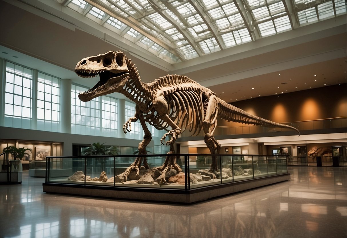 The grand museum lobby showcases dinosaur skeletons and a towering T-Rex replica. Glass cases display sparkling minerals and ancient artifacts