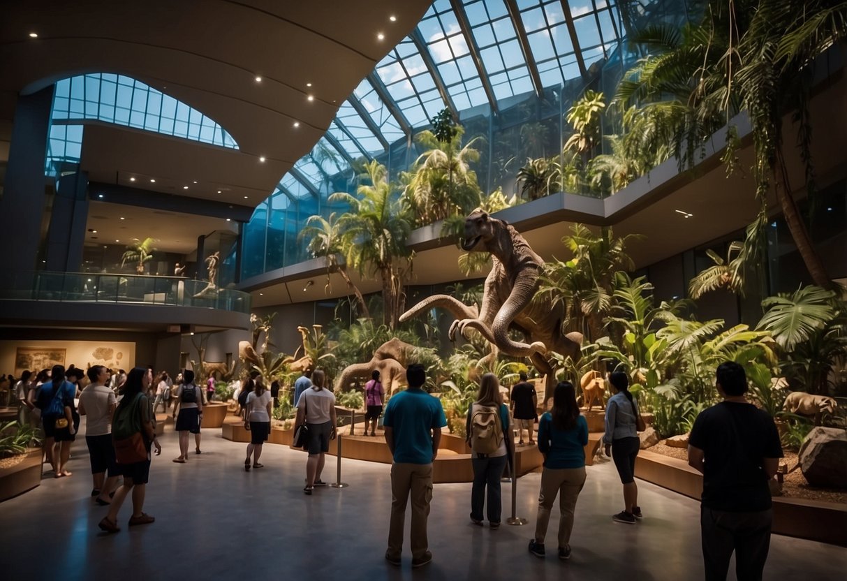 A bustling gallery at the Academy of Natural Sciences, filled with diverse exhibits and interactive displays