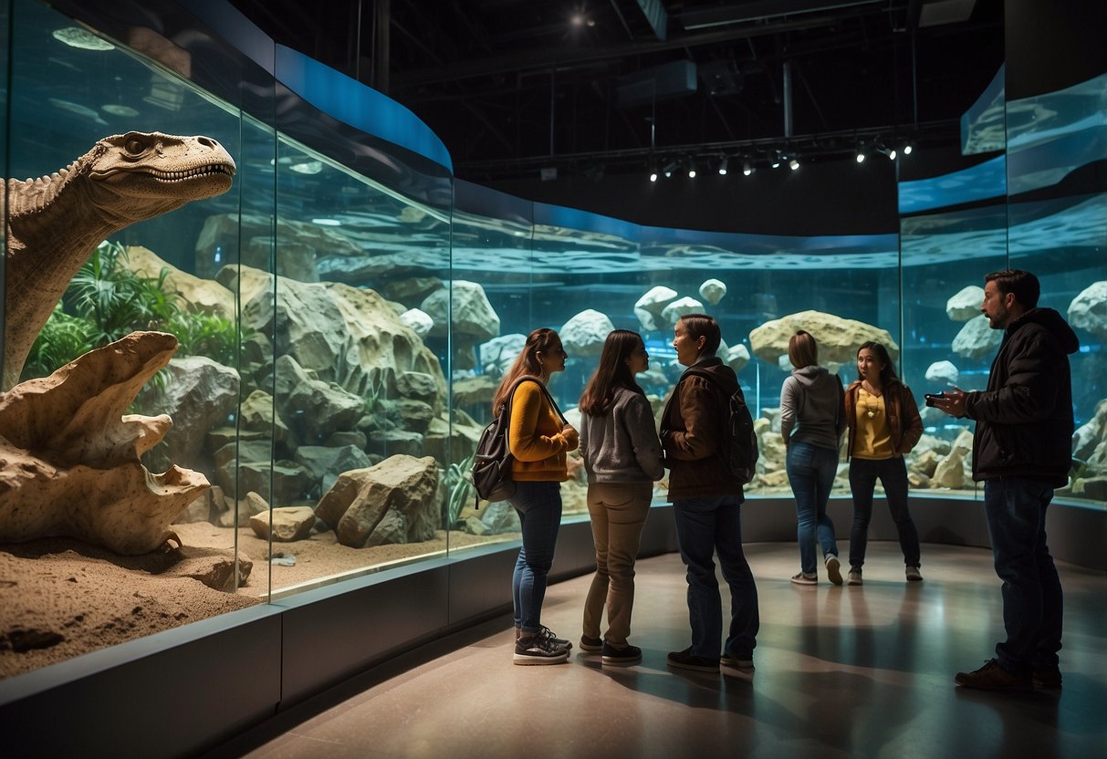 A group of visitors engage with interactive exhibits at the Academy of Natural Sciences. Displays showcase fossils, animal habitats, and scientific research