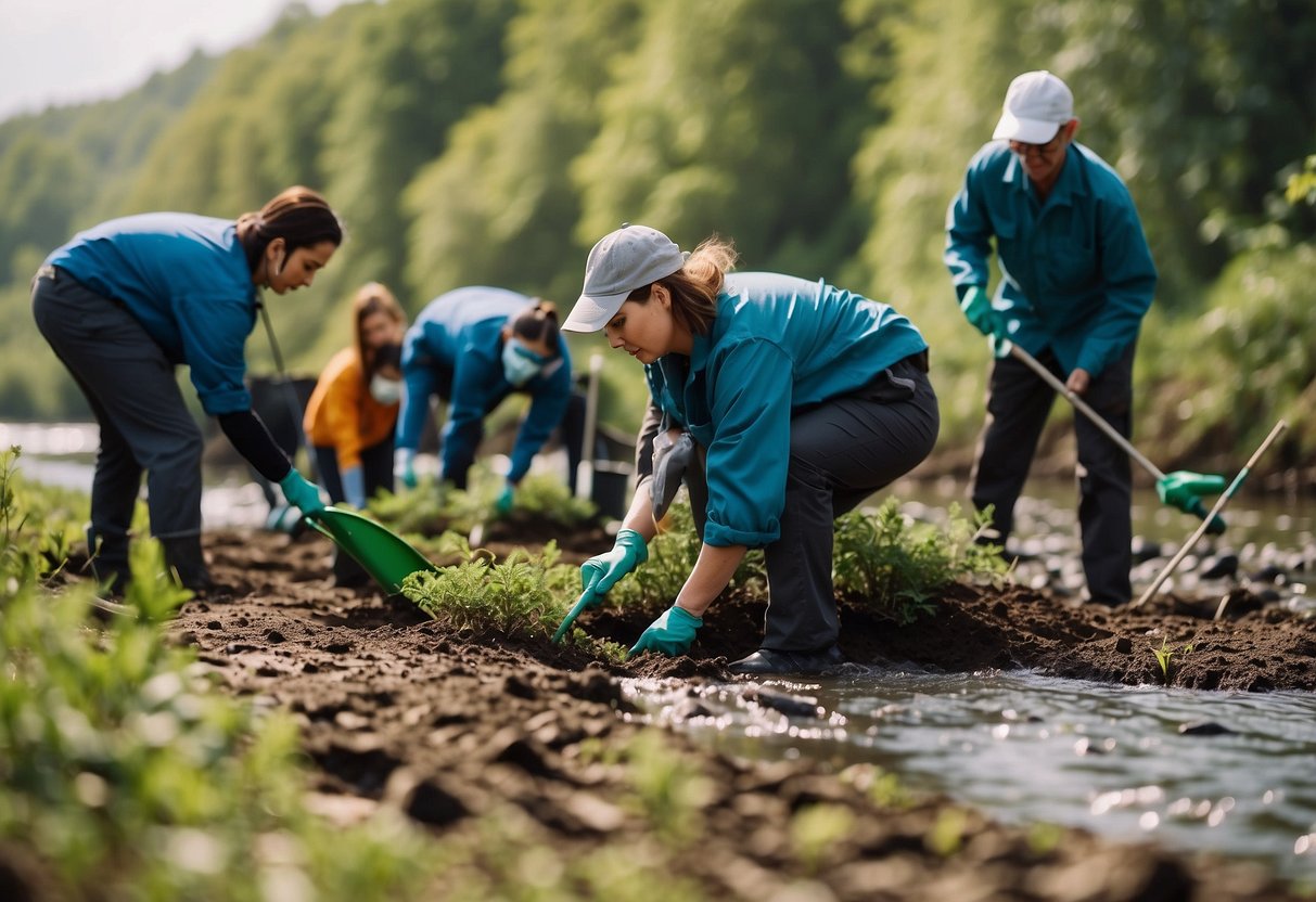 A team of scientists and volunteers plant trees and clean up a riverbank to protect the environment
