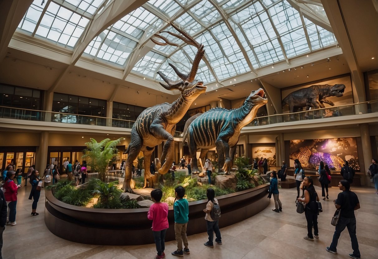 A colorful array of exhibits and interactive displays fill the spacious lobby of The Academy of Natural Sciences, with visitors eagerly exploring the fascinating world of natural history