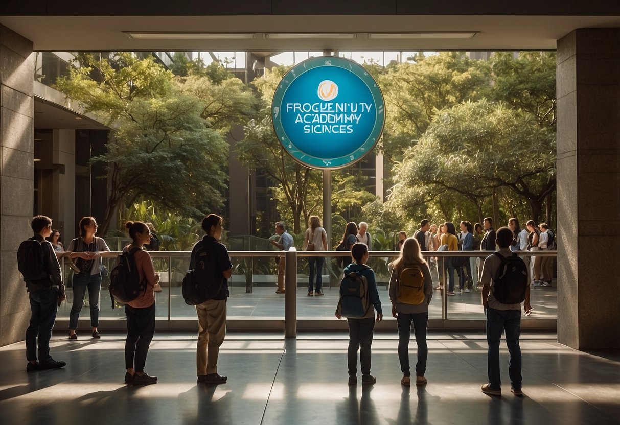 Visitors line up at the entrance, reading a large sign that says "Frequently Asked Questions" at The Academy of Natural Sciences