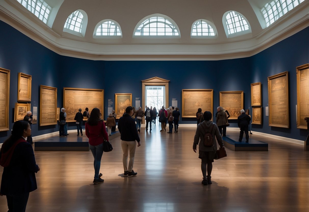 Visitors wander through the expansive galleries of the Museum of the American Revolution, surrounded by artifacts and interactive displays depicting the nation's founding era