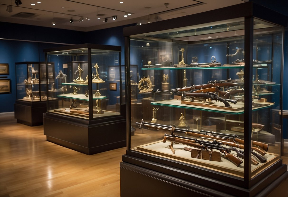 The museum displays artifacts from the American Revolution, including weapons, uniforms, and personal items. The collection is housed in glass cases and displayed on pedestals throughout the exhibit halls