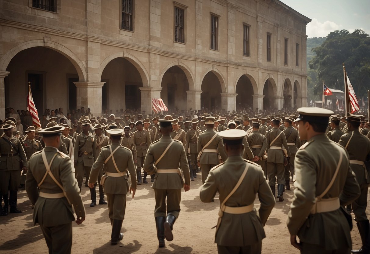 Soldiers march past a colonial-era building, while women tend to wounded soldiers. Flags wave overhead, as onlookers watch the scene unfold