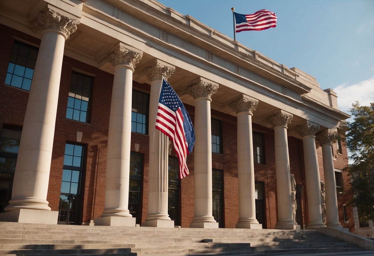The museum's grand facade gleams in the sunlight, with the American flag proudly waving overhead, surrounded by historical artifacts and monuments